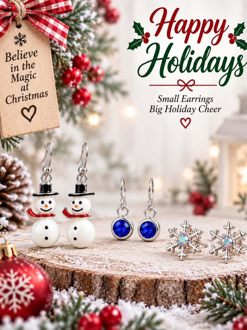 Holiday Snowman and Blue Crystal Earrings - Silver Accents